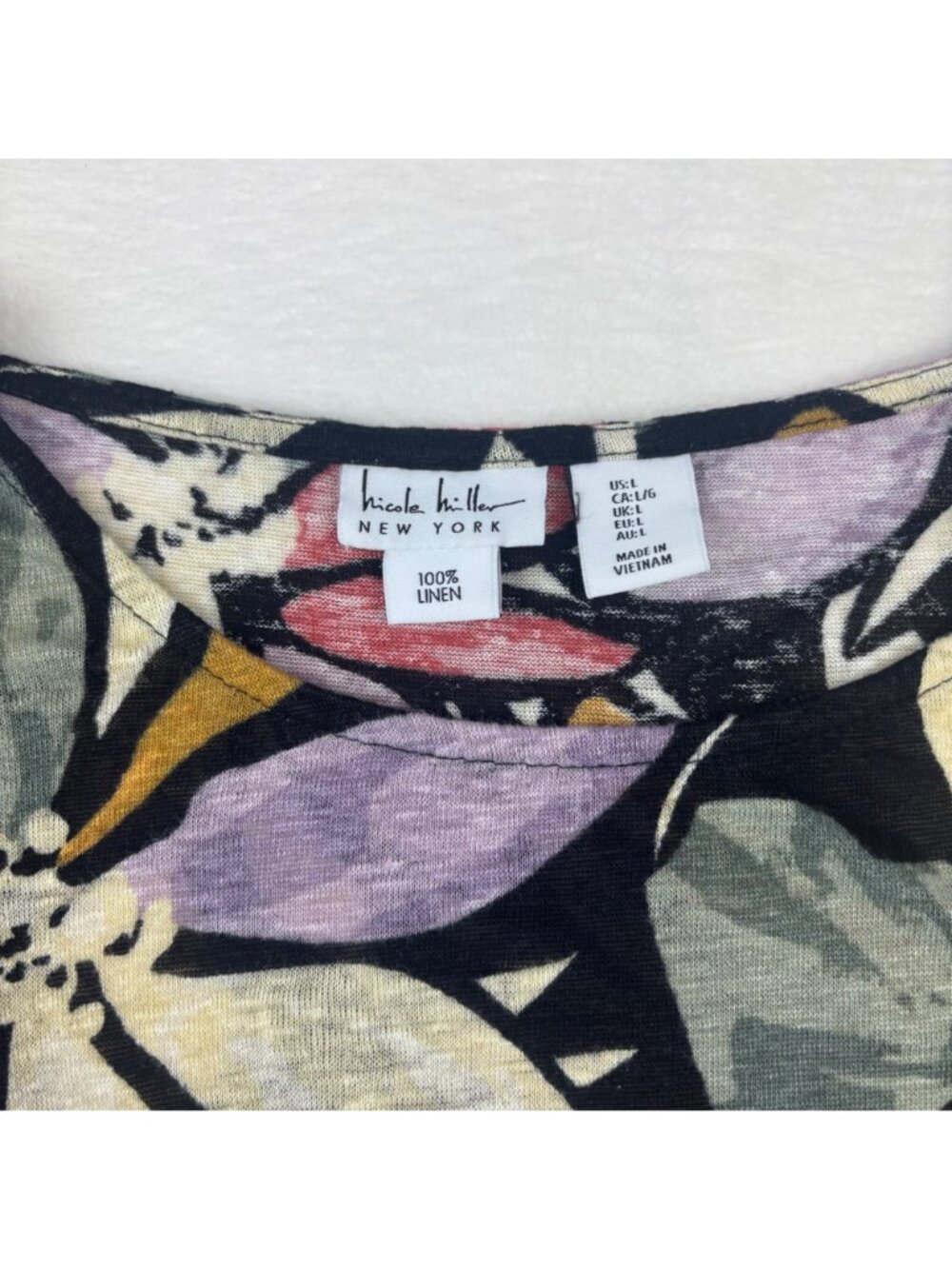 Nicole Miller Womens L Black Floral Print 100% Linen Top Cap Short Sleeveless - Picture 3 of 7
